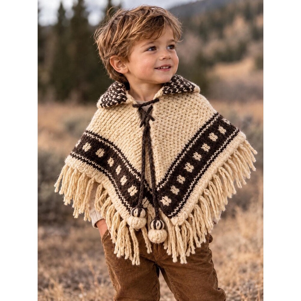 Vintage Hand Knit Wool Toddler Poncho: Cream Brown Fringe Cape (2T-3T)